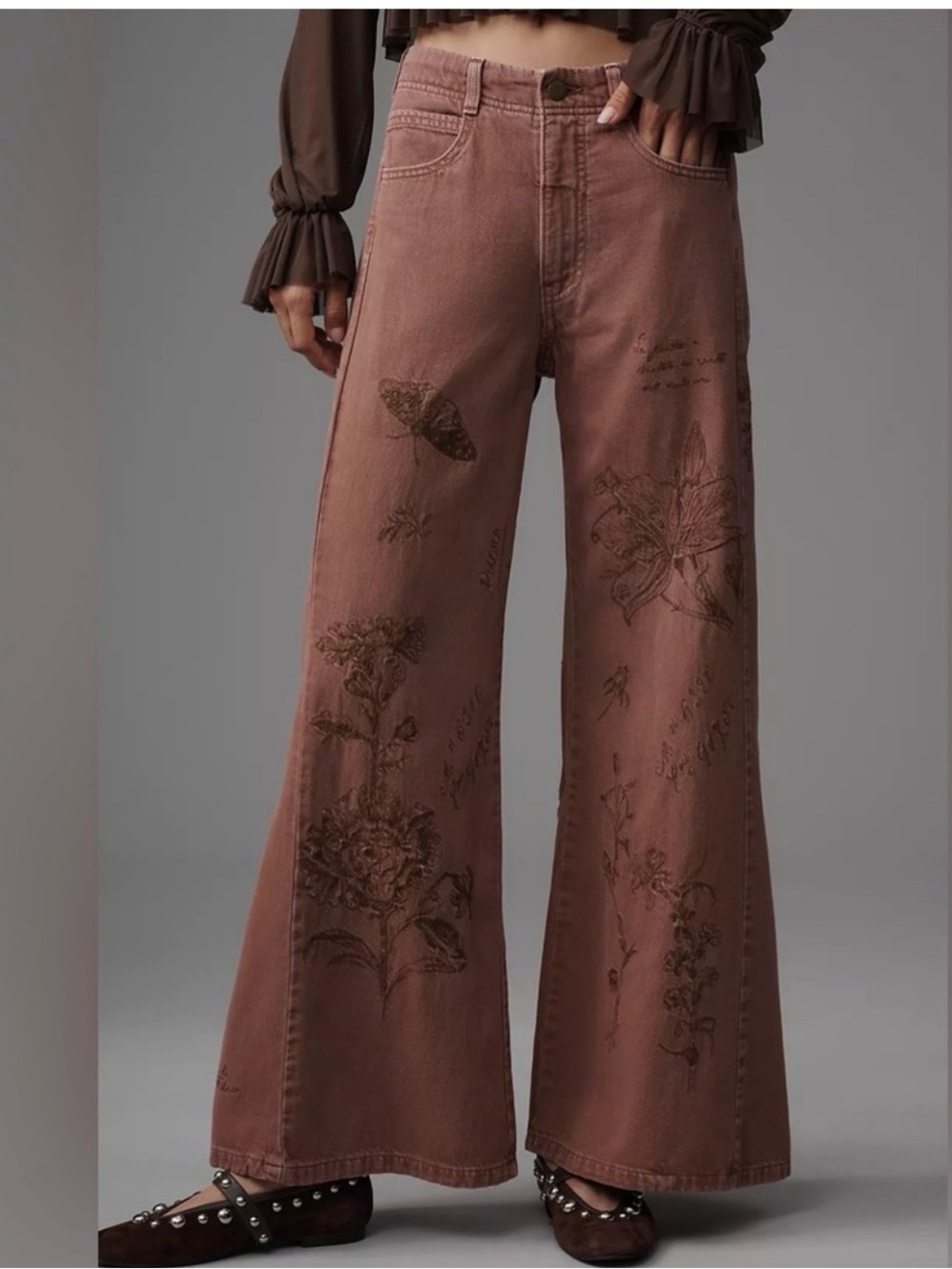 Anthropologie Adi Mid-Rise Flare Novelty embroidered Pants by Pilcro